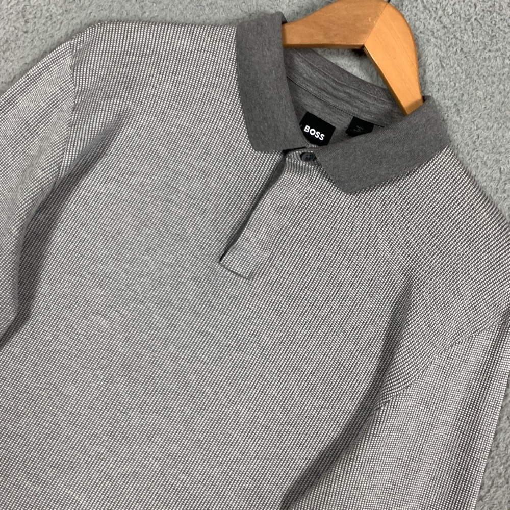 Hugo Boss H-Pado Polo Shirt Men's Large Grey Long Sleeve Cotton Contrast Collar